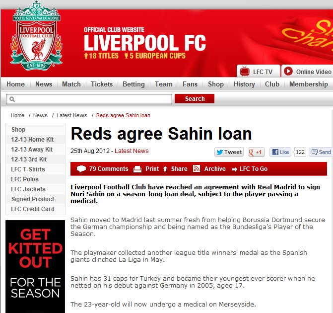 Trang chủ của Quỷ đỏ vòng Merseyside đã chính thức xác nhận: Câu lạc bộ Liverpool đã đạt được thỏa thuận mượn tiền vệ Nuri Sahin từ Real Madrid.